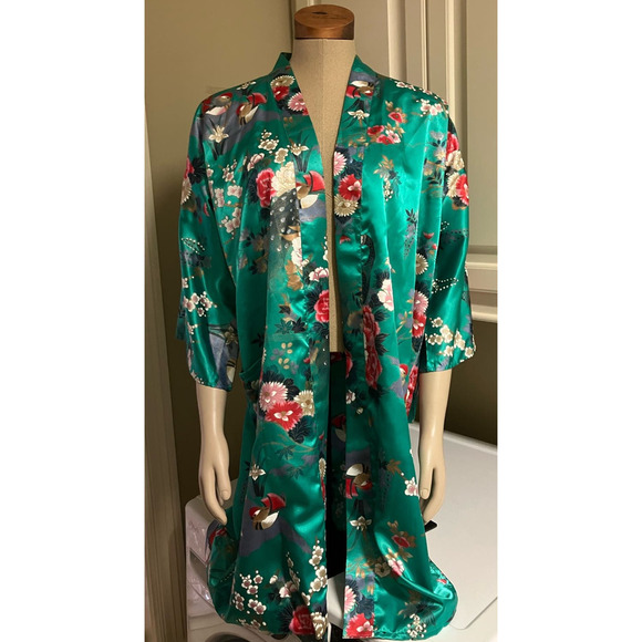 ichiban Other - Vintage Ichi Ban Kimono Robe Size 42 Green Pink Floral With Belt Made In Japan